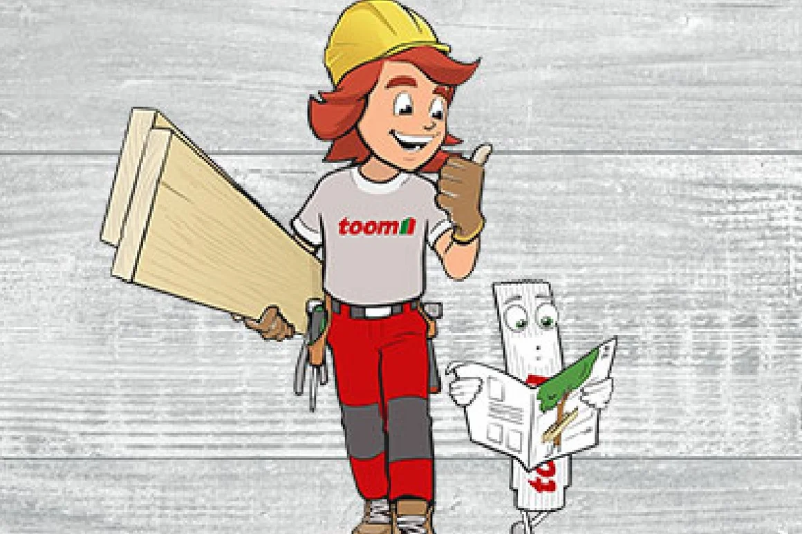 Tom und Zolli: Person mit Holz und Zollstock mit Zeitschrift